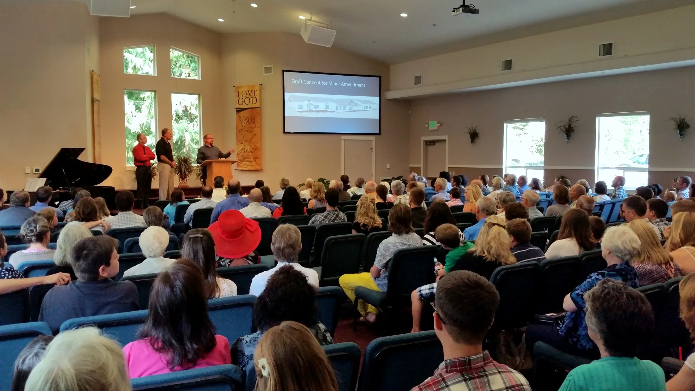 Here is a photo of our August 2, 2015 Sunday morning service. Our mid-summer full house confirmed the value of expanding the facility before our building committee could even give their presentation!